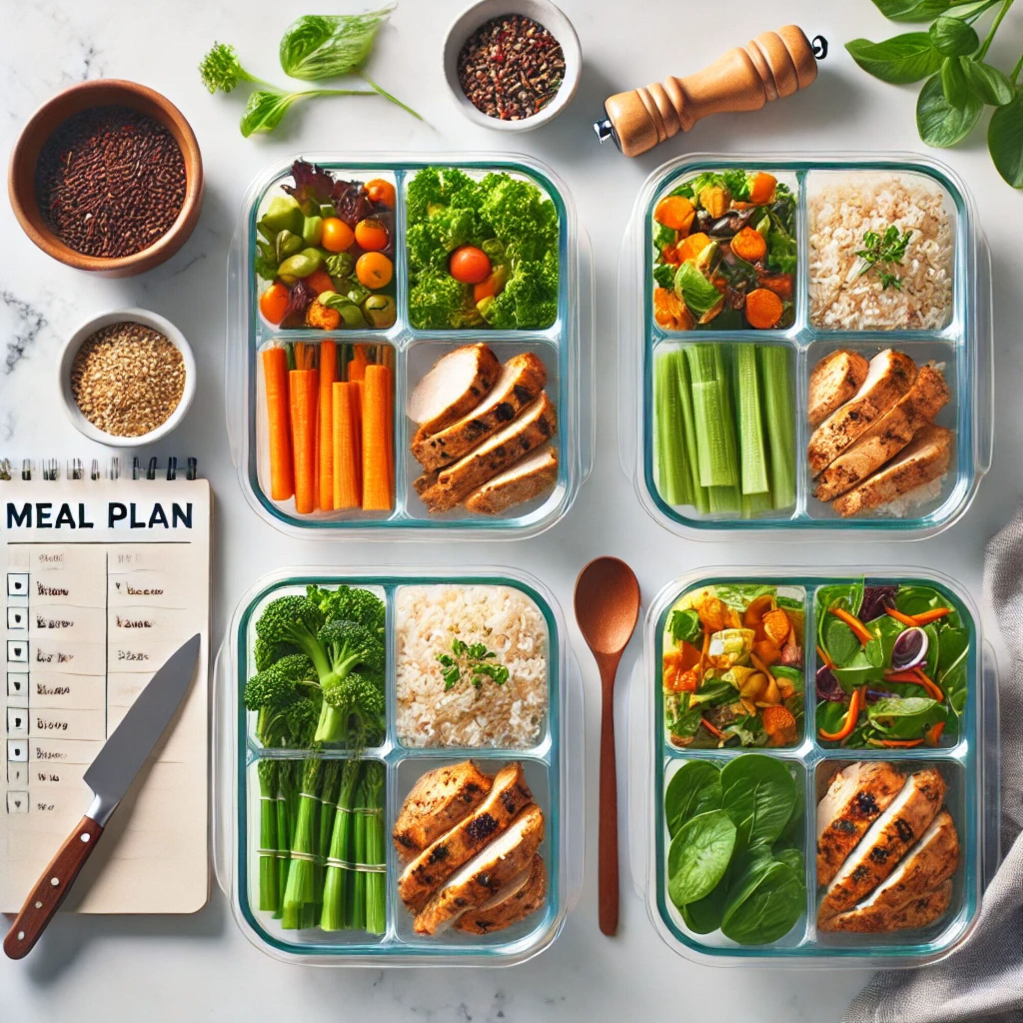 Imagem de quatro marmitas fitness organizadas com alimentos saudáveis, como frango grelhado, arroz integral, legumes e folhas verdes, dispostas em potes de vidro com divisórias. Ao lado, um bloco de anotações com plano de refeições, utensílios de cozinha e temperos sobre uma superfície clara.