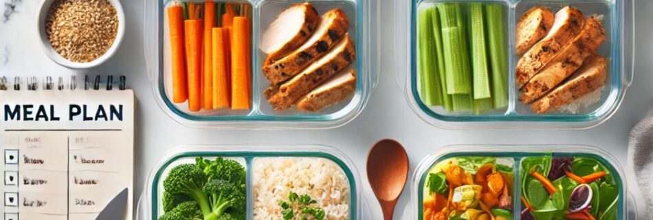 Imagem de quatro marmitas fitness organizadas com alimentos saudáveis, como frango grelhado, arroz integral, legumes e folhas verdes, dispostas em potes de vidro com divisórias. Ao lado, um bloco de anotações com plano de refeições, utensílios de cozinha e temperos sobre uma superfície clara.