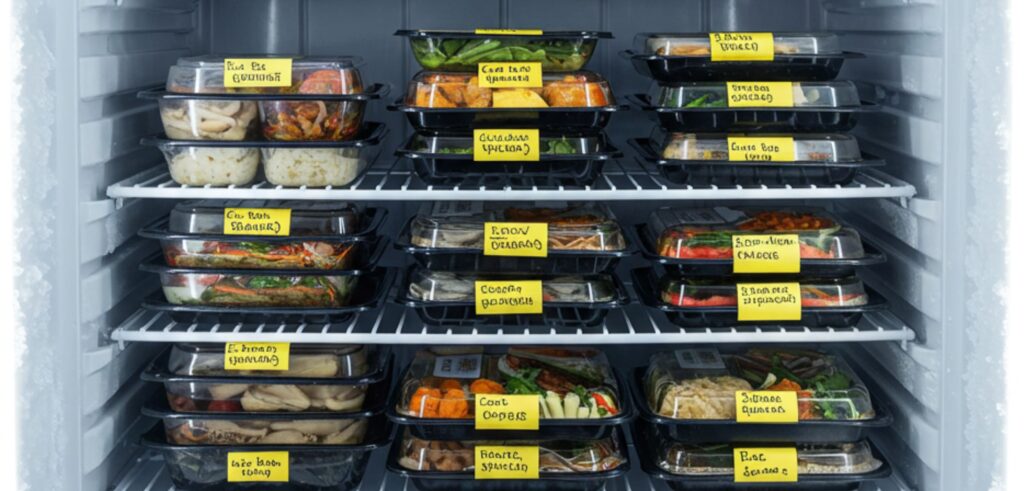 Um freezer organizado com marmitas congeladas, etiquetadas para facilitar a identificação das refeições. Ideal para planejamento alimentar e praticidade no dia a dia.