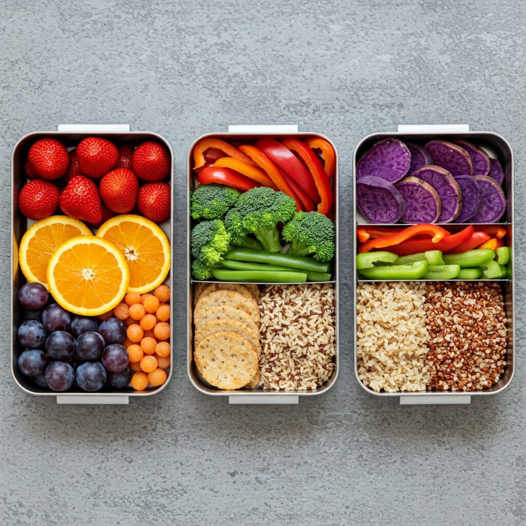 Três marmitas organizadas com frutas, vegetais, grãos e crackers, destacando uma alimentação colorida, equilibrada e nutritiva