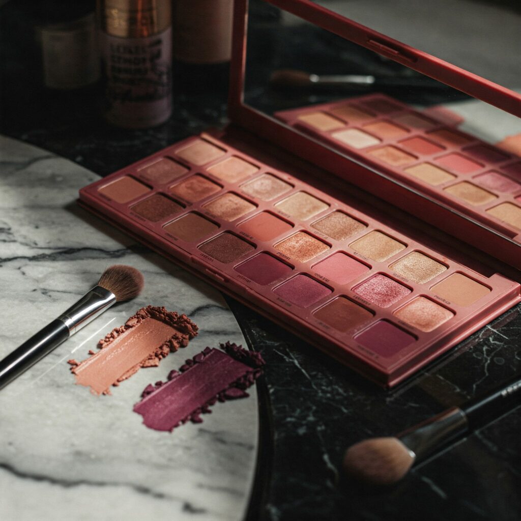 Paleta de sombras em tons quentes com acabamento matte e cintilante, acompanhada de pincéis e pigmentos espalhados sobre uma superfície de mármore.