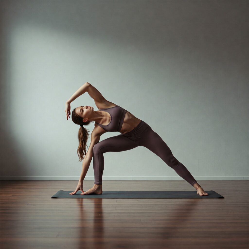 Mulher praticando yoga em um estúdio minimalista, usando roupa esportiva em tons neutros, executando uma postura de alongamento sobre um tapete.
