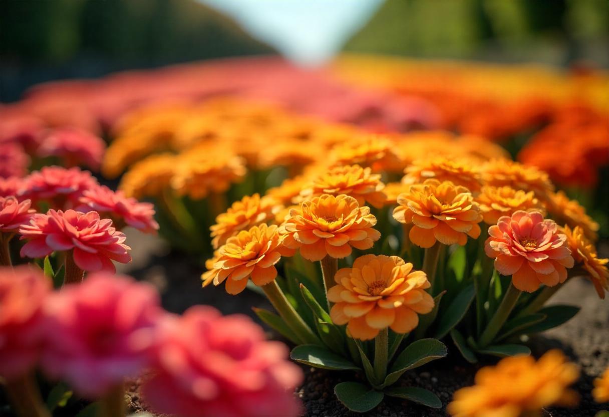 Em foco, um grupo de flores laranjas com pétalas delicadas e centros amarelos, cercadas por folhas verdes escuras. Ao fundo, um borrão de outras flores em tons de laranja e rosa preenche o campo.