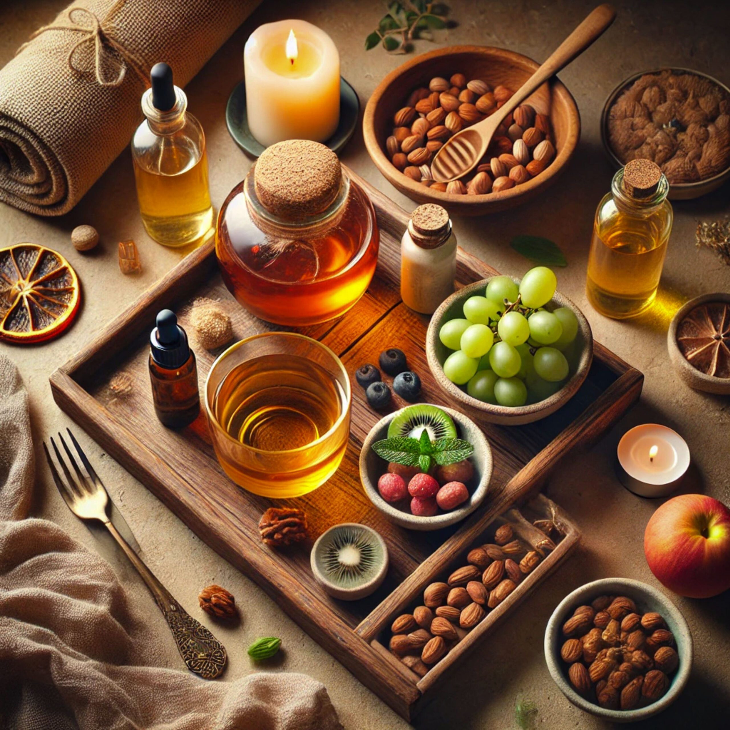 Uma bandeja rústica com chá, mel, frutas, nozes e óleos essenciais, cercada por velas acesas e elementos naturais, criando um clima acolhedor e relaxante.