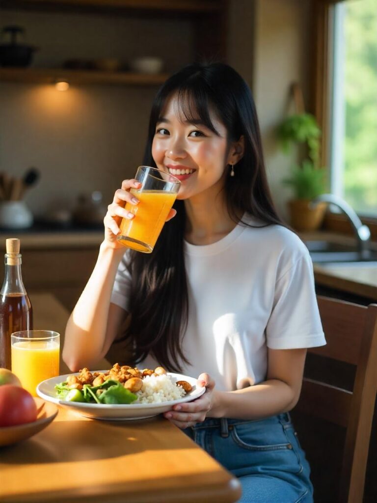 Jovem asiática sorrindo à mesa, bebendo suco de laranja e segurando prato com arroz, frango e salada. Cozinha ao fundo.
