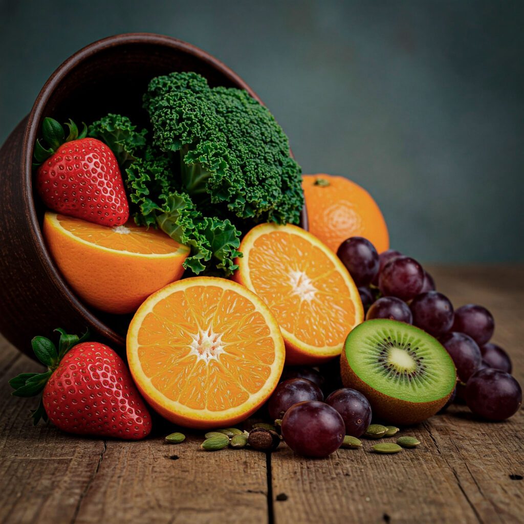 Frutas frescas como laranjas, morangos, uvas e kiwi, junto com folhas de couve, dispostas em uma tigela rústica sobre uma mesa de madeira.